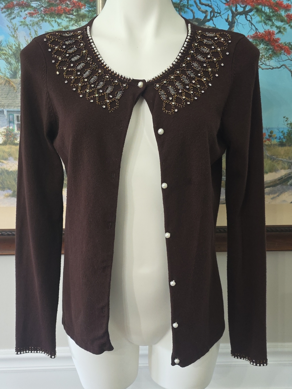 Bellini Brown Beaded Neckline And Sleeve Cardigan